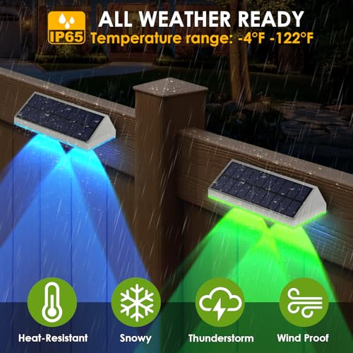 8 Pack Solar Fence Lights Outdoor - Warm White & RGB 6 Color, Dusk to Dawn Deck Light, Solar Powered Light Outdoor IP65 Waterproof, Solar Garden Lights for Outside/Backyard/Railing/Step/Patio/Wall