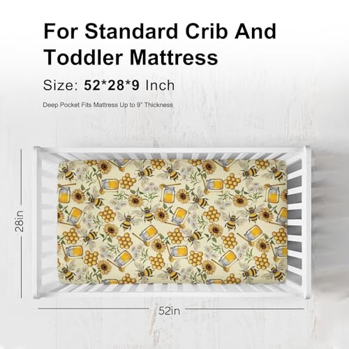 Image of Retro Honey Bees Sunflowers Baby Crib Sheets - 52 inchx28 inch Vintage Bees Daisy Floral Soft Breathable Mattress Cover - Fits Standard Crib and Toddler Mattress
