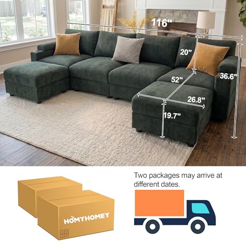 Image of Sectional Couches for Living Room FSC Certified Chenille Modular Couch Oversized Cloud U Shaped Convertible Sleeper Sofa Chaise Detachable Armrest Cushion (Chenille Green, U Shape 6 Seat)