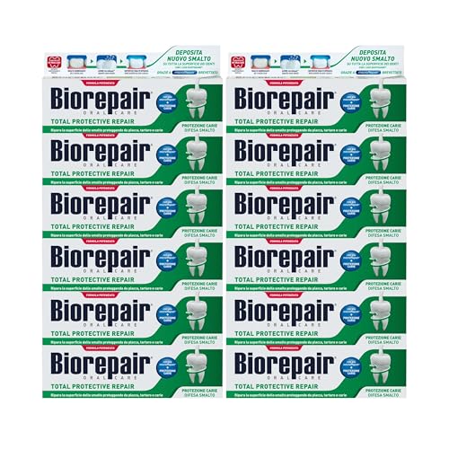 Biorepair, Dentifricio Total Protective Repair, 12 Confezioni da 75 ml, Ripara lo Smalto, Protegge da Placca, Tartaro e Carie, Ripara lo Smalto, Mantiene l'Alito Fresco, Dentifricio Senza Fluoro