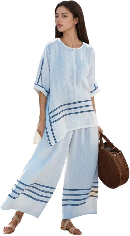 TIAFORD Women's Linen Striped 2 Piece Sets Summer Oversized Loose Half Sleeve Tops Tshirt and Wide Leg Pants Fashion Outfits
