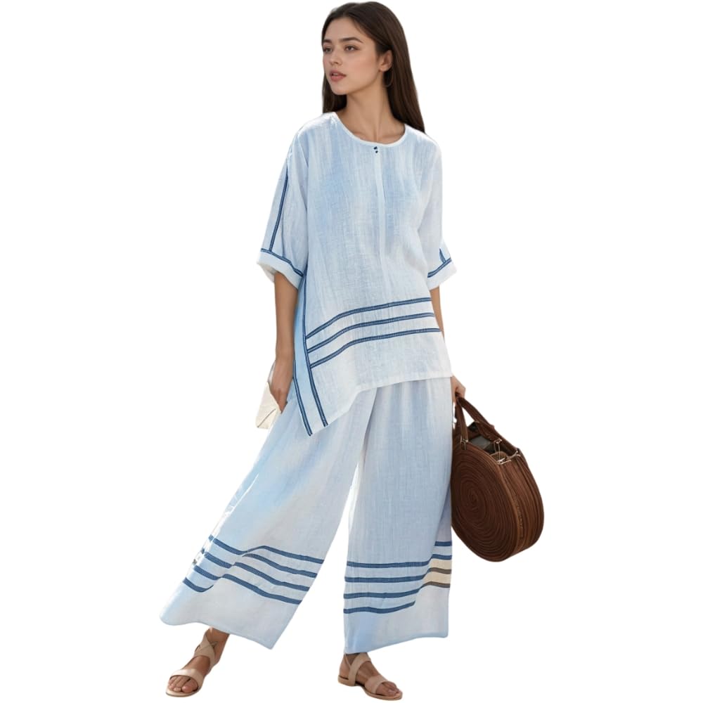 TIAFORD Womens Linen Striped 2 Piece Sets Summer Oversized Loose Half Sleeve Tops Tshirt and Wide Leg Pants