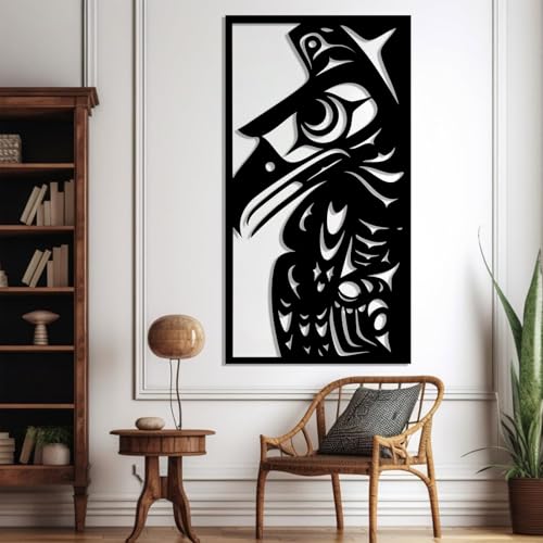 Northwest Pacific Haida Tlingit Native Metal Wall Decor, Native American Totem Metal Wall Art, Coast Salish Eagle Wall Decor, Alaska Native Tribal Wall Art for Living Room (Black, 35"x19"/90x48cm)