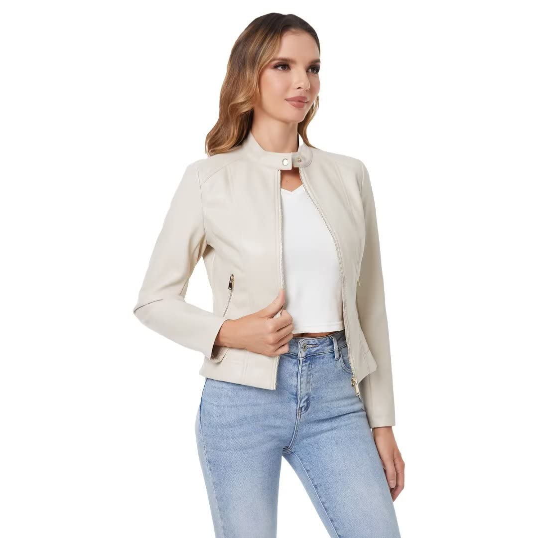 Faux Leather Jacket For Women, Zip Up Moto Biker Coat, Short PU Motorcycle Outwear