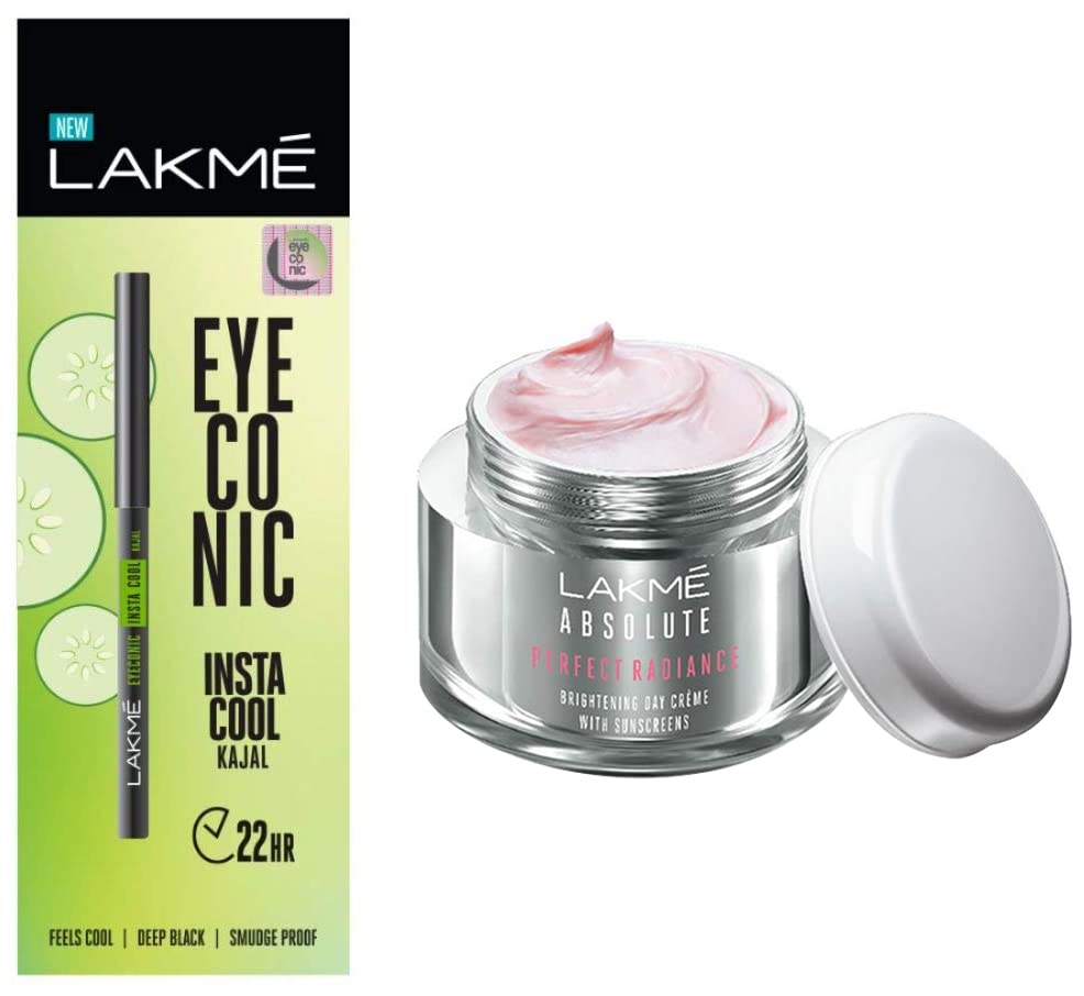 LAKMÉ Eyeconic Insta Cool Kajal, Black, Matte Finish Cooling Kohl Liner with Cucumber, Twist Up Pencil, 0.35 g & Absolut