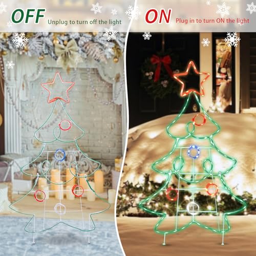 Outdoor Christmas Tree Decoration Christmas Lighted Xmas Tree with Star Neon Rope 126 LED Lights Decoration for Xmas Home Pathway Lawn Party Display