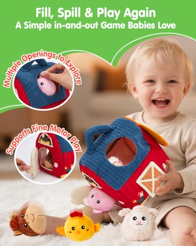 Image of hahaland Baby Toys 6-12 Months - Surprise Barn Stuffed Farm Animals Plush | 6 Month Old Montessori Toys with Rattle Crinkle Sound, Texures, Mirror, Infant Sensory Balls 7 8 9 Month Old Baby Boy Gifts