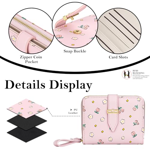 Wallet for Women Cute Rose Small Flower Women's Wallet RFID Credit Card Holder Purse with Exterior Zipper Around Coin Purse (Pink)4