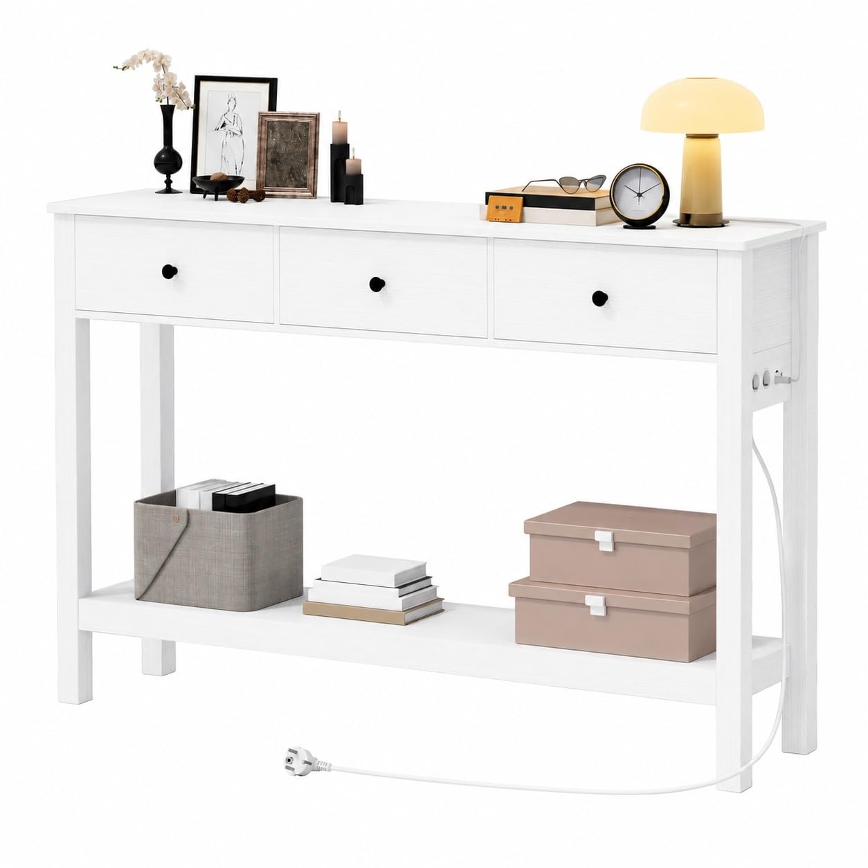Xbro Schmaler Konsolentisch mit Steckdosenleiste, Flurtisch mit 3 Schubladen und Ablage, Beistelltisch mit USB-Anschlüssen, Sofatisch für Flur, Wohnzimmer, Küche, 130 x 30 x 80 cm, Weiß