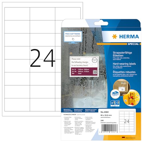 HERMA 4582 Wetterfeste Folienetiketten, 10 Blatt, 66 x 33,8 mm, 24 pro A4 Bogen, 240 Stück, selbstklebend, bedruckbar, matt, blanko Klebeetiketten Aufkleber aus Folie, weiß