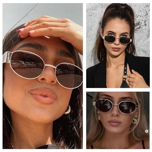 Hanj Trendy Oval Vintage 90s Sunglasses for Women Men, Retro Sun Glasses, Classic Shades UV Protection (Gold Duo Pack: Grey & Brown)4