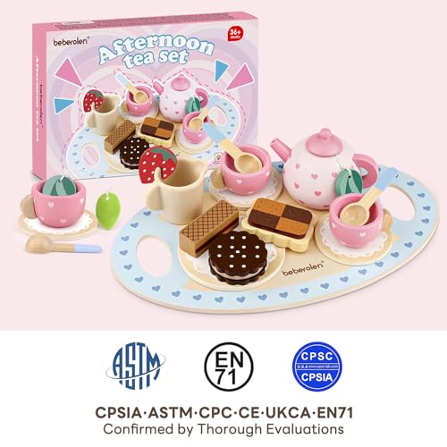 Miniatura 9 de Beberolen Juego De Té De Madera Para Infantil, Juguetes De Té De Tarde Para Niños, Comida Juguete Cocinita Accesorios De Cocina Con Galletas Y Tetera Para 3 4 5 Años Niñas Niños Regalo De Cumpleaños