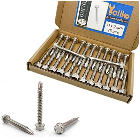 Yoliko #14 x 2" (1" to 3" Available) Hex Washer Head Self Drilling Screws, 410 Stainless Steel, Self Tapping Sheet Metal Tek Screws, 25 PCS Cover