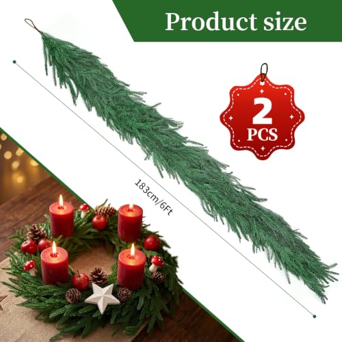6Ft 2Pcs Artificial Norfolk Pine Garland, Real Touch Faux Greenery for Fireplace Mantel Staircase Wall, Christmas Hanging Indoor Outdoor Decor - image 5