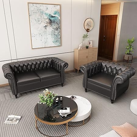 Image of WOODEN WORLD Modern & Classic Leather Sofa Set - Luxurious Comfort, Stylish Design, and Durable Build (Black, 2+1 Seater)