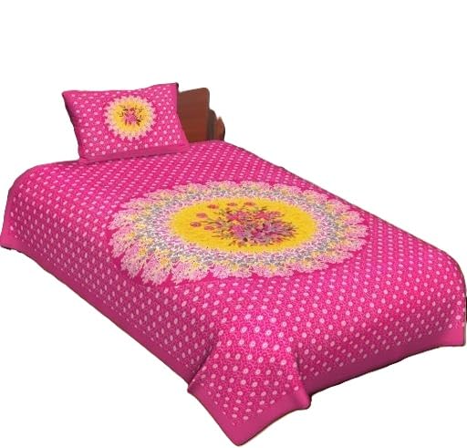 Cotton Bedsheet Set with One Pillow Cover Floral Print Soft Comfortable Summer Bedroom Use Pink Single-image-5