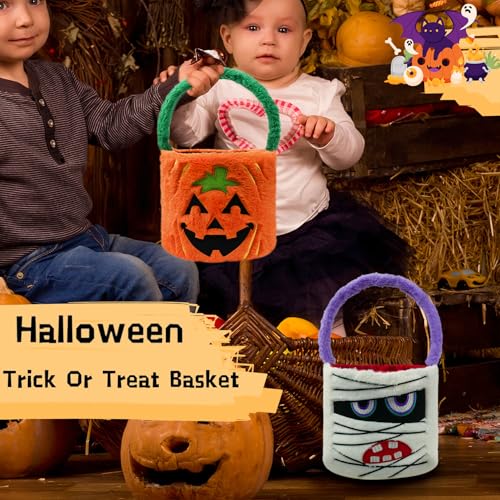 Image of Dia 7.9 inch * H 15.7 inch, Plush Halloween Baskets Trick or Treat Bags Halloween Candy Bucket, Gift Bucket for Party Favor Supplies (2Pcs-Pumpkin&Mummy)