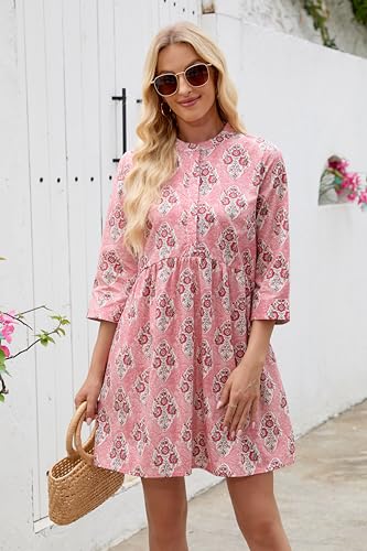 Floral Dress for Women 3/4 Sleeve Button Up Shift Boho Mini Tunic Cotton Shirt Dresses with Pockets3