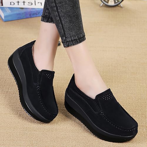 rismart Women's Walking Seankers Suede Leather Wedge Heel Slip on Trainers Shoes 5