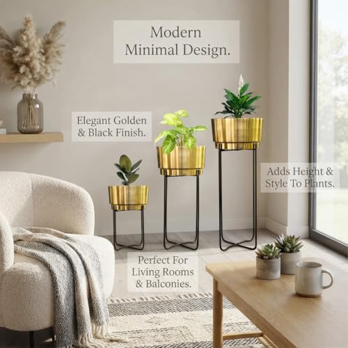 Image of TrustBasket Creata Strong Durable Premium Set of 3 (Gold) Planters for Home Decor - Plant Pots for Home Decor, Indoor Plants Stand for Living Room, Planters for Indoor Plants, Pot for Living Room