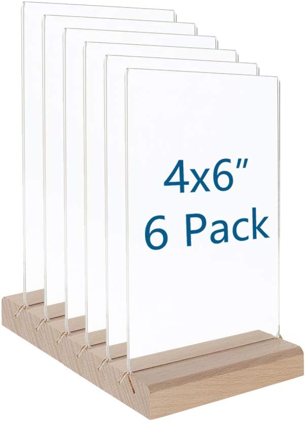 TopTie 6 Pack Acrylic T Shape Sign Holder 4x6 with Wooden Stands, A6 Table Menu Number Holders