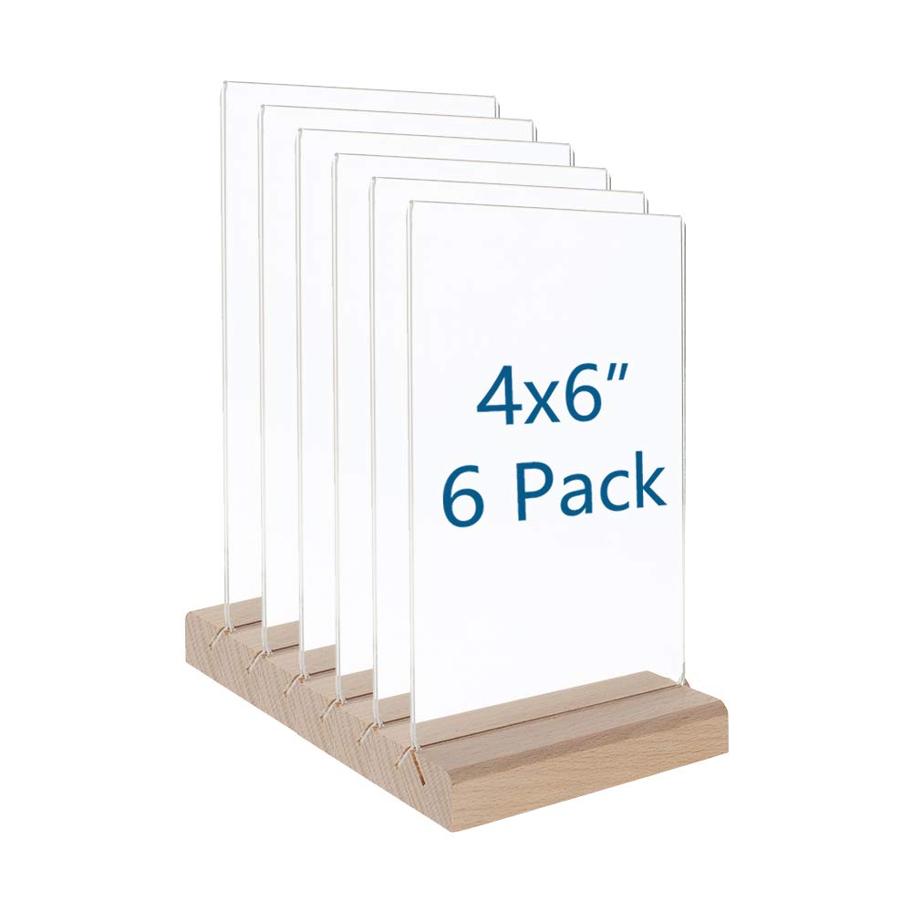 Vinsot 16 Pack 4 X 6 Inch Clear Acrylic Sign With Wood Base T Shape Sign Holder Vertical Blank Stands Desktop Display Plastic Menu Frame Double Sided