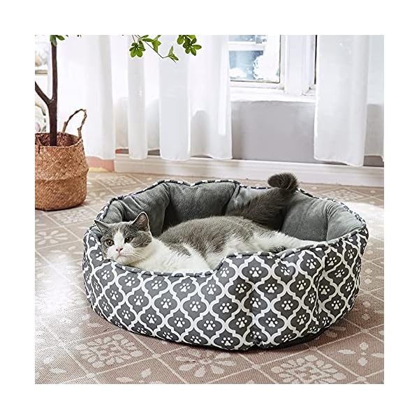 LUCKITTY Großes Katzenbett, 63.4 cm, weicher Samt und wasserdichtes Oxford-Kissen, ovales geometrisches Haustierbett für Indoor-Katzen oder kleine Hunde, graues Hunde-Fußabdruck-Muster