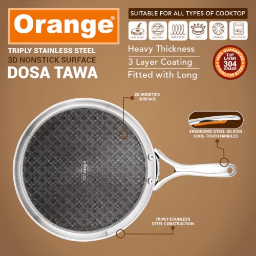 Image of Orange Triply Stainless Steel 3D Nonstick Surface Dosa Tawa 290mm | 4mm Thick 3-Layer | Induction Friendly | Cool-Touch Silicone Handle | Ideal for Dosa & Uttapam | 5 Year Warranty