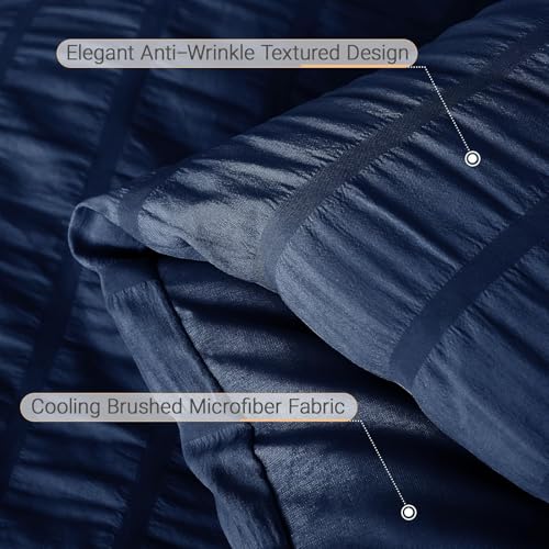 Image of MUXHOMO 7 Pieces Full Comforter Set, Seersucker Bed in a Bag Full Size, All Season Luxury Bedding Set with Comforter, Flat Sheet, Fitted Sheet, Pillowcases & Shams, Navy Blue