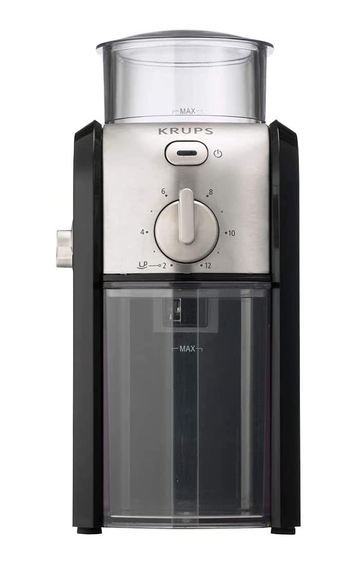 Krups GVX242 Molinillo de café profesional con sistema de muelas con torno-molido y 17 ajustes de triturado, de más fino a más grueso, potencia 100 W, Negro | 17 Ajustes de triturado, De 2 a 12 tazas, Autoapagado, Molido preciso y personalizado, Capacidad 200g, GVX242