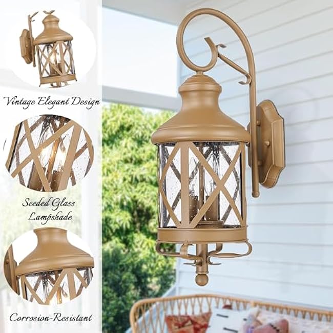 ALLGOT Traditional Outdoor Wall Lights, 21 Inch Tall Vintage Exterior Lantern Light Fixture, Outdoor Wall Sconces Anti-Rust Waterproof Wall Mount Lamp with Seeded Glass (Aged Copper)