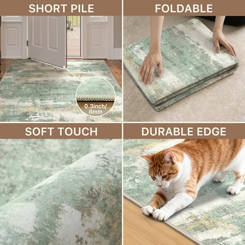 Image of 8x10 Area Rugs Washable Green Rug for Living Room Bedroom, Abstract Modern Large Rug Non Slip, Water Repellent Low Pile Soft Carpet for Dining Room, Light Green