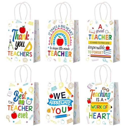 XINDY Teacher Gifts Bag 6Pcs Thank You Teacher Paper Gift Bags with Handles Perfect for End of Year Teacher Appreciation & Leaving Gifts Wrapping 21 x 15 x 8 cm