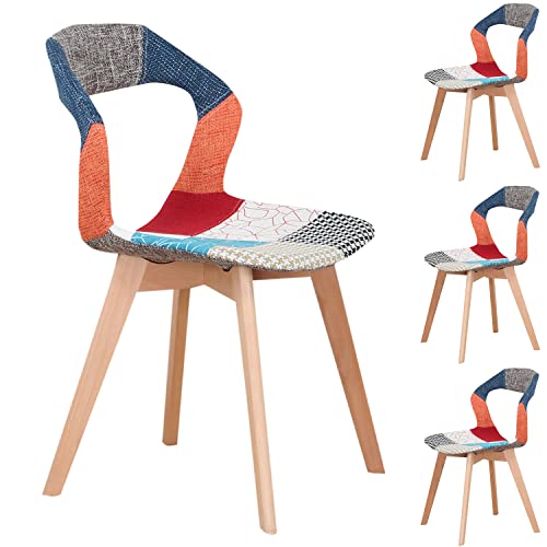 I LOVE FACE Sillas de Comedor Escandinavas de 4 Piezas Patchwork con Patas de Haya Maciza, Sillas de Cocina para Salón, Comedor, Sala de Reuniones, Rojo Pata de Gallo Rojo