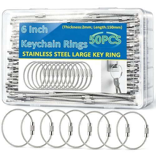 Image of 50 Pack Key Chain 6 inch Keychain Rings 2mm Stainless Steel Large Key Ring for Key Tags,Keyrings, Luggage Tags,ID Tag Keepers,Car Keys Wire Keychain Cable Packed in Box