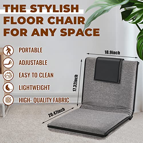 Image of 2 Pcs Adjustable Floor Chair with Back Support, Padded Seat, Portable, Meditation Cushion, Fully Folding Backrest for Adult, Kid, Gaming - Linen Washable Cover, Nylon Bottom (Gray, Black)