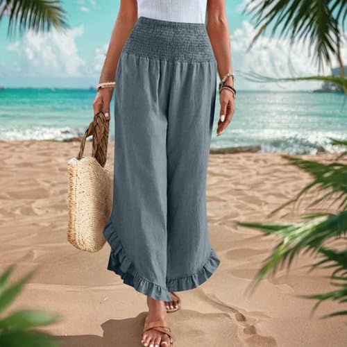 Flowy Pants for Women Wide Leg Pants Woman Casual Smocked High Waist Flowy Ruffle Hem Capris Beach Vacation Boho Trousers Gray2