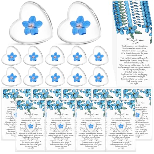 Cunno 25 Sets Forget-me-not Flower Gift Set, Heart-shaped Dried Pressed Flower Keepsakes with Sympathy Cards and Bags, Memorial Remembrance Tokens for Funeral, Wedding, Baptism Ornament Favors