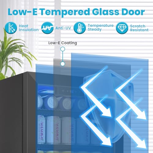 Image of 17 Black Inch Beverage Refrigerator and Cooler, 116 Cans Mini Beverage Fridge with Reversible Glass Door for Soda Beer or Wine, Freestanding Drink Cooler for Apartment Office Home Bar