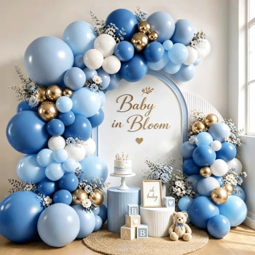 Image of Zesliwy Dusty Blue White Gold Balloons Arch Kit, Latex, Party Decoration