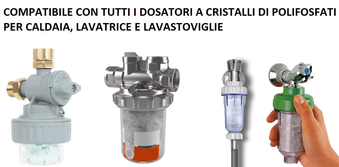 EWS® Ricarica in Cristalli di Polifosfati Filtro Dosatore Caldaia, Lavatrice, Lavastoviglie da 140 g Universale | Polifosfato Anticalcare Compatibile con Dosatori DP1 RBM, Polifemo IVAR, CALEFFI