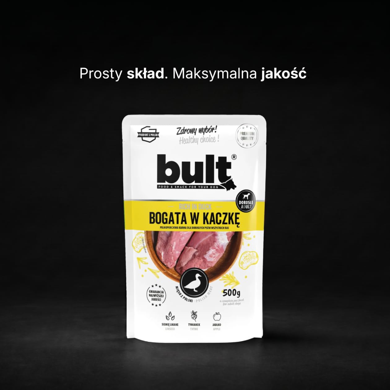 BULT, Mokra Karma dla Psa, Mielonka z Kaczką, 500g, Dla Dorosłych Psów, Saszetka, Z Siemieniem Lnianym i Tymiankiem, Bez Sztucznych Dodatków