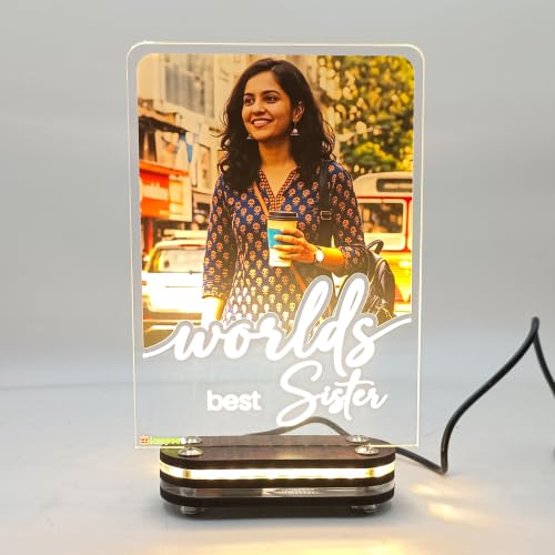 Image of lampees Personalized 3D Lamp World's Best Sister LED Glow Frame, Acrylic | Custom Photo & Text, Warm LED Glow, Wood & Acrylic Base, Desk Display, Rakshabandhan sister Brother