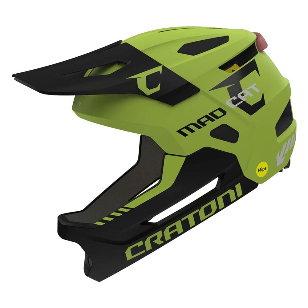Cratoni Kinderhelm Madcat MIPS, robuster Fullfacehelm für Kinder, Fahrradhelm MTB-Helm Allroundhelm, Kinnbügel abnehmbar, größenverstellbar, inkl. Rücklicht, Unisex, Größe S/M (49-56 cm)