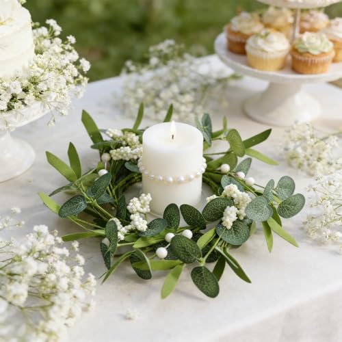 Image of 6 Pcs Green Artificial Eucalyptus Candle Rings Wreaths Mini Green Summer Kitchen Cabinet Wreath Table Centerpieces with White Berry for Pillars Farmhouse Porch Front Door Wedding Decor