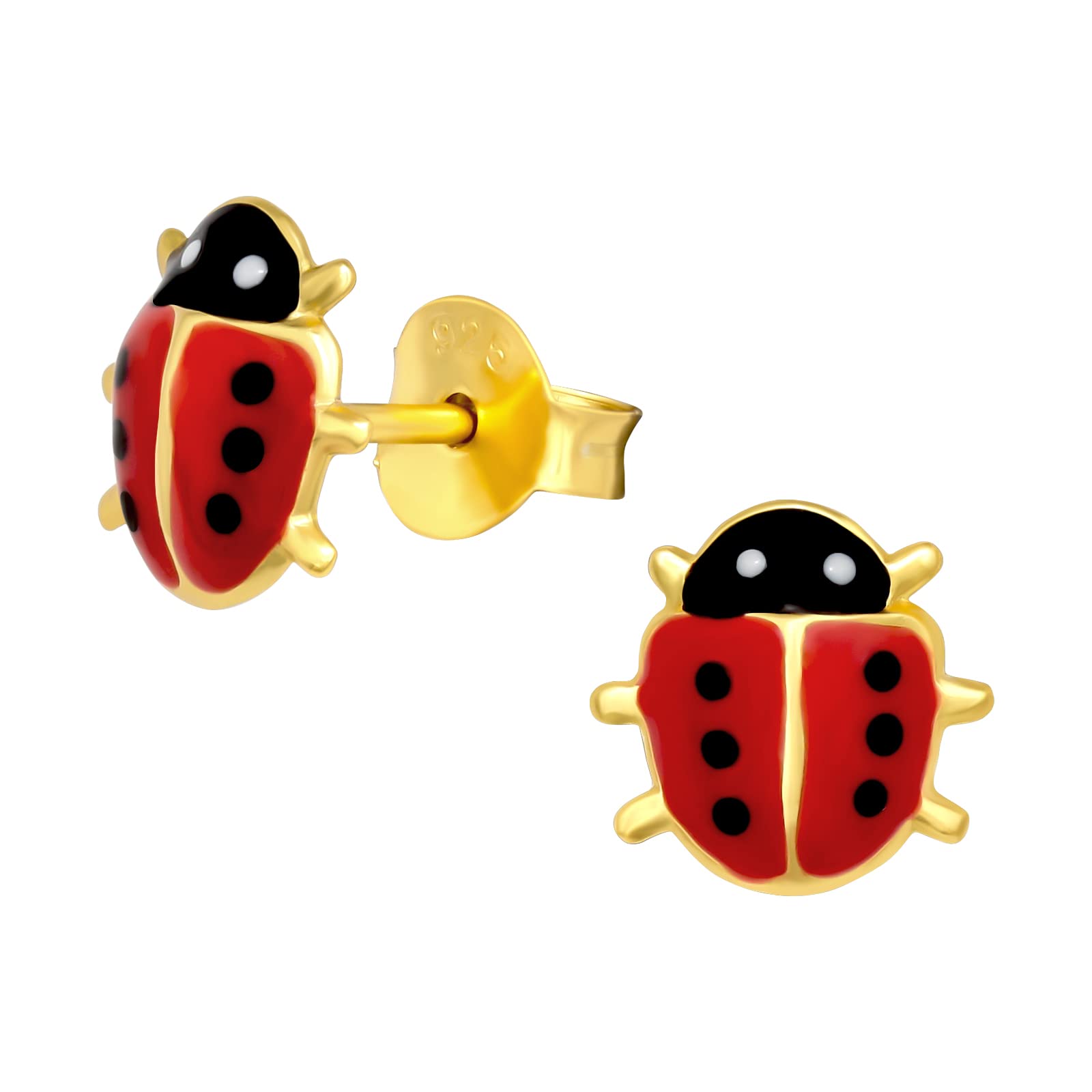 LaimonsPendientes infantiles para niña, diseño de mariquita, 10 mm, chapados en oro, plata de ley 925 (rojo), Plata