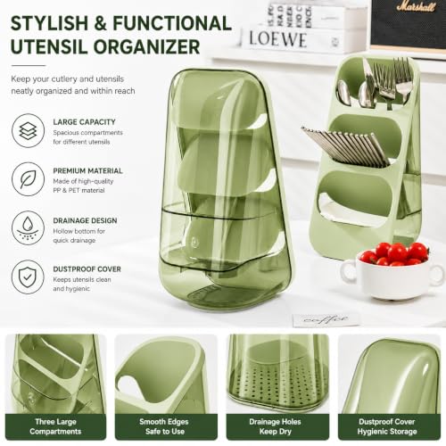 Image of KitchAntique Kitchen Utensil Holder with Drain Tray & Dustproof Cover | 3 Compartment Cutlery Organizer | Self Draining Countertop Storage Rack for Spoons Forks Chopsticks Kitchen Accessories (Green)
