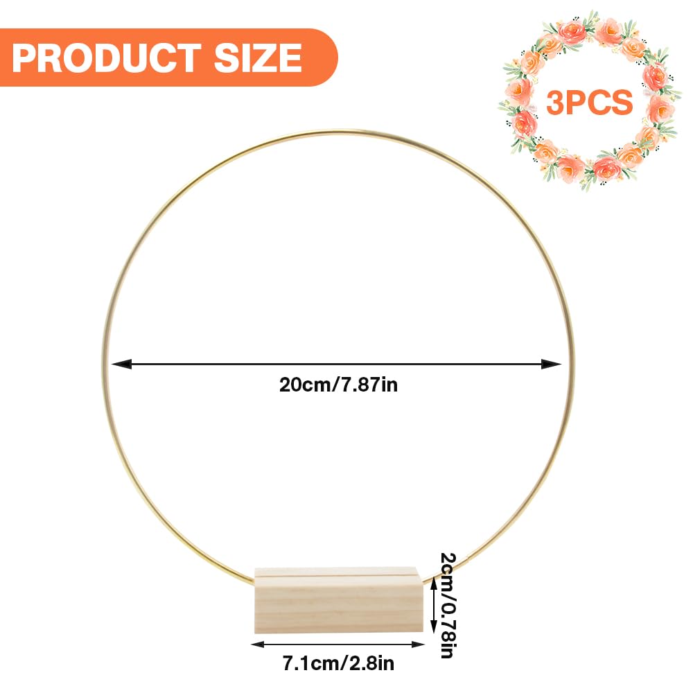Pilikoll 3pcs 20cm Dorati Centrotavola a Cerchio Floreale in Metallo con Base in Legno Cerchio Metallo con Base in Legno Cerchi floreali Oro Anelli metallo floreales per Bricolage DIY, Macrame