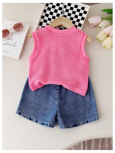 Image of WDIRARA Toddler Girl's 2 Piece Set Bow Tank Elastic Waist Denim Shorts Outfits