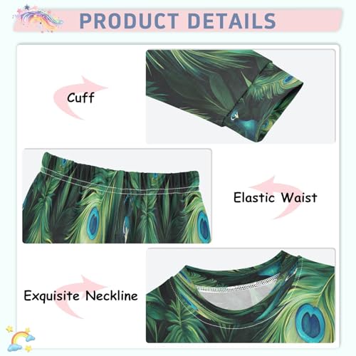 Pajama Sets Long Sleeve Watercolor Green Peacock Feathers Soft Comfy Sleepwear 2 Piece PJS 3-8T4